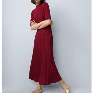 Ann Taylor Petite Mock Neck Pleated Sweater Dress Cherry Pie Women's